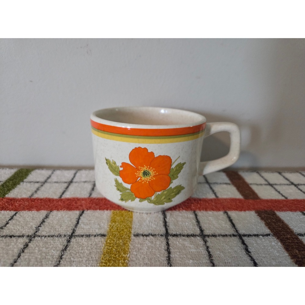 Lenox Temper-Ware Fire Flower Coffee Mug Vintage Orange Poppy Stoneware USA